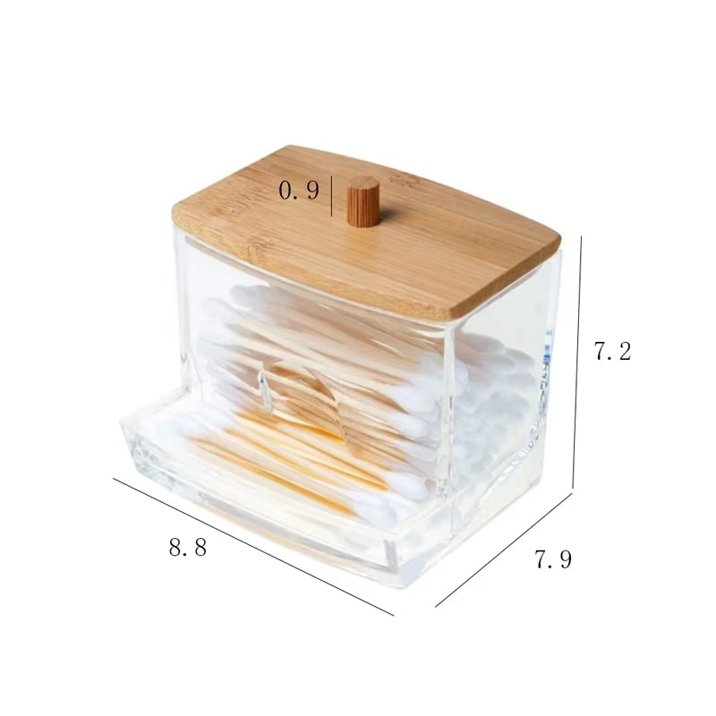 Cotton Swab Storage Box Transparent Square Bamboo Cover Cotton Swab Toothpick Organize Box Double Head Cotton Ear Buds Container