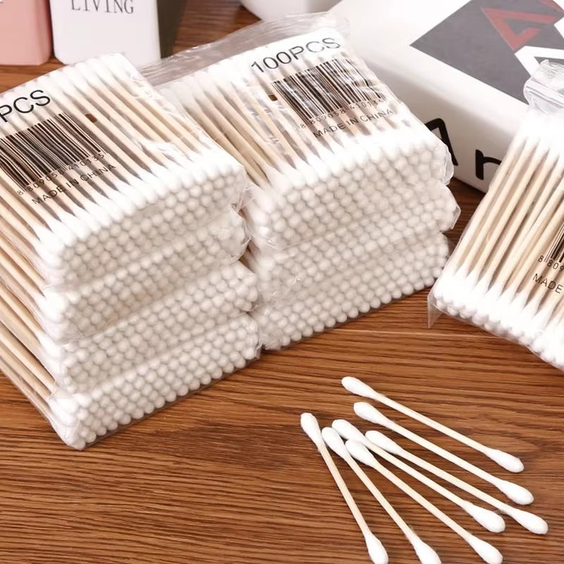 Cotton Swab Storage Box Transparent Square Bamboo Cover Cotton Swab Toothpick Organize Box Double Head Cotton Ear Buds Container