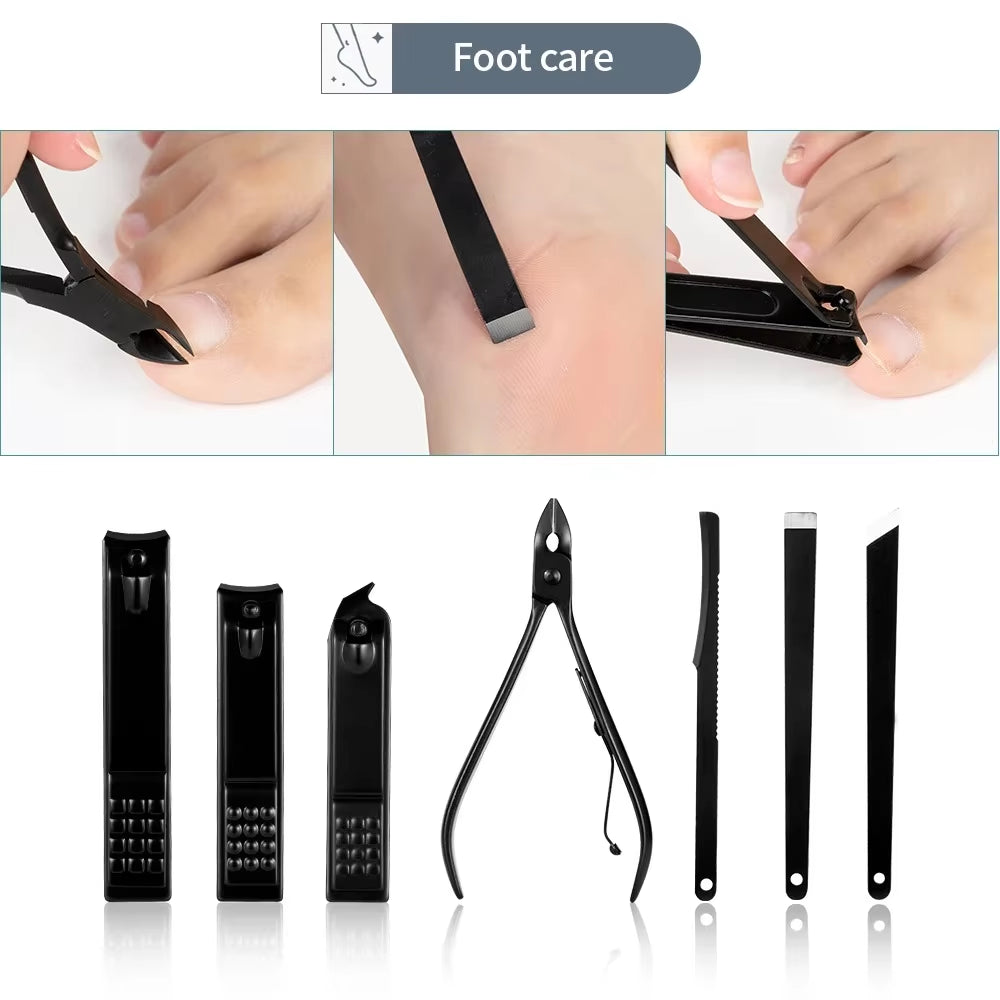 Black Nail Clipper Set Stainless Steel Manicure Nail Scissors Pedicure Kit Nippers Trimmer Care Tool with Travel Case Kit