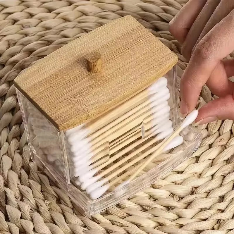 Cotton Swab Storage Box Transparent Square Bamboo Cover Cotton Swab Toothpick Organize Box Double Head Cotton Ear Buds Container