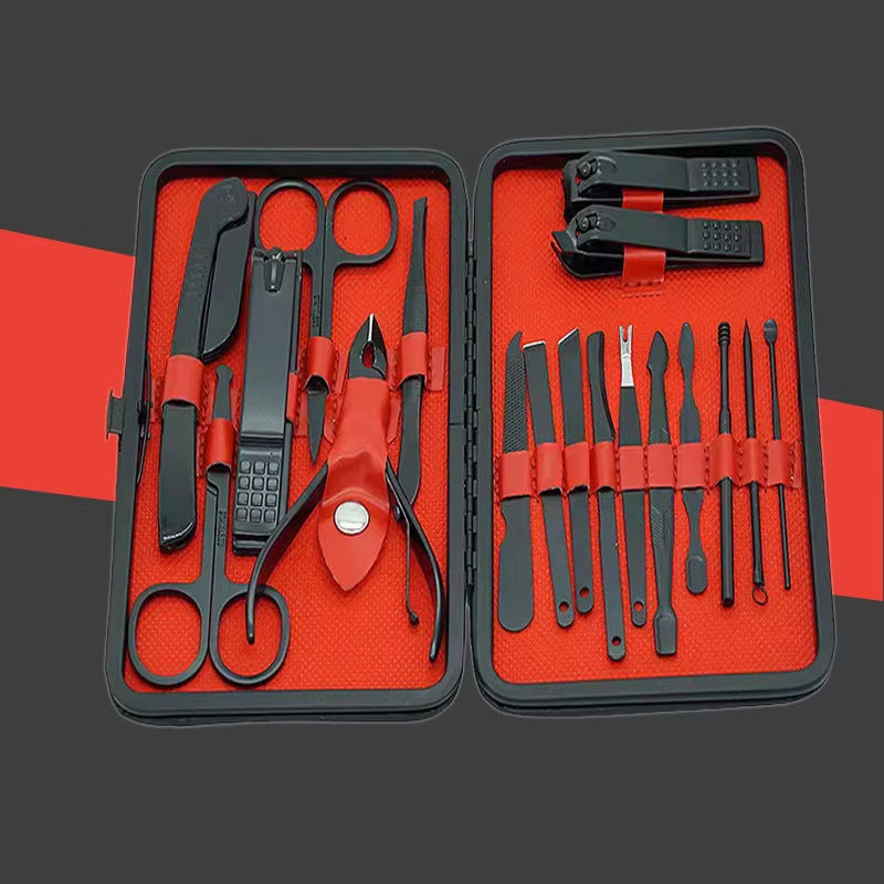 Black Nail Clipper Set Stainless Steel Manicure Nail Scissors Pedicure Kit Nippers Trimmer Care Tool with Travel Case Kit