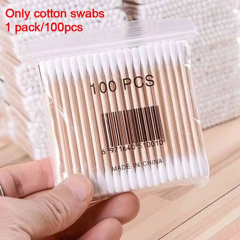 Cotton Swab Storage Box Transparent Square Bamboo Cover Cotton Swab Toothpick Organize Box Double Head Cotton Ear Buds Container