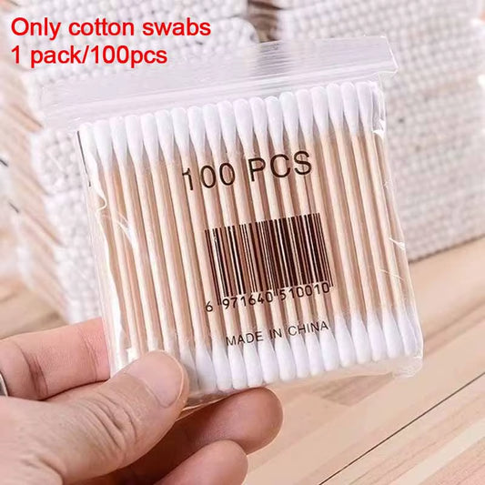 Cotton Swab Storage Box Transparent Square Bamboo Cover Cotton Swab Toothpick Organize Box Double Head Cotton Ear Buds Container